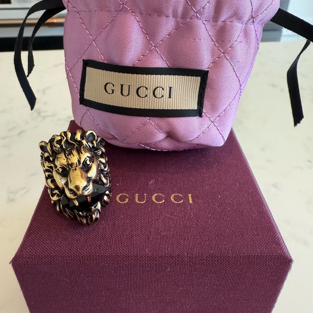 Gucci Gold Lion Ring W/ Black Stone